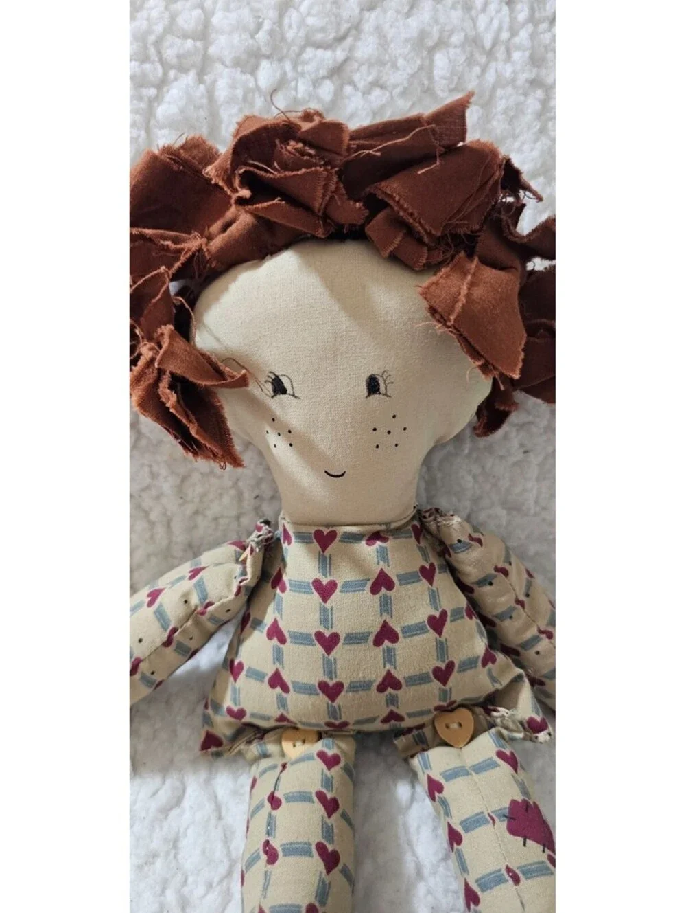Handmade Girl Doll Plush Toy Hearts Wild Hair Buttons Moving Arms & Legs 12